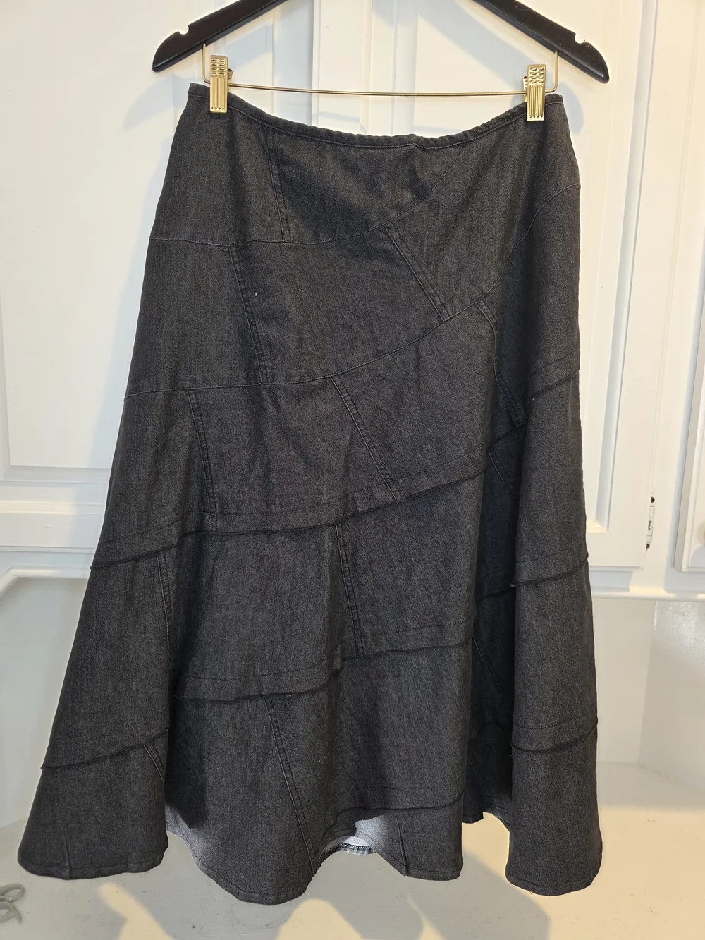 Sandro Sport Gray Denim Patchwork A-Line Midi Skirt Size 12 - Picture 4 of 7